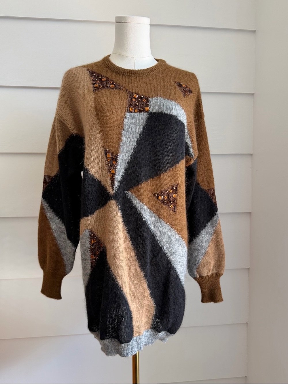 ESCADA by Margaretha Ley Abstract Geometric Mohair Blend Tunic Sweater Beaded